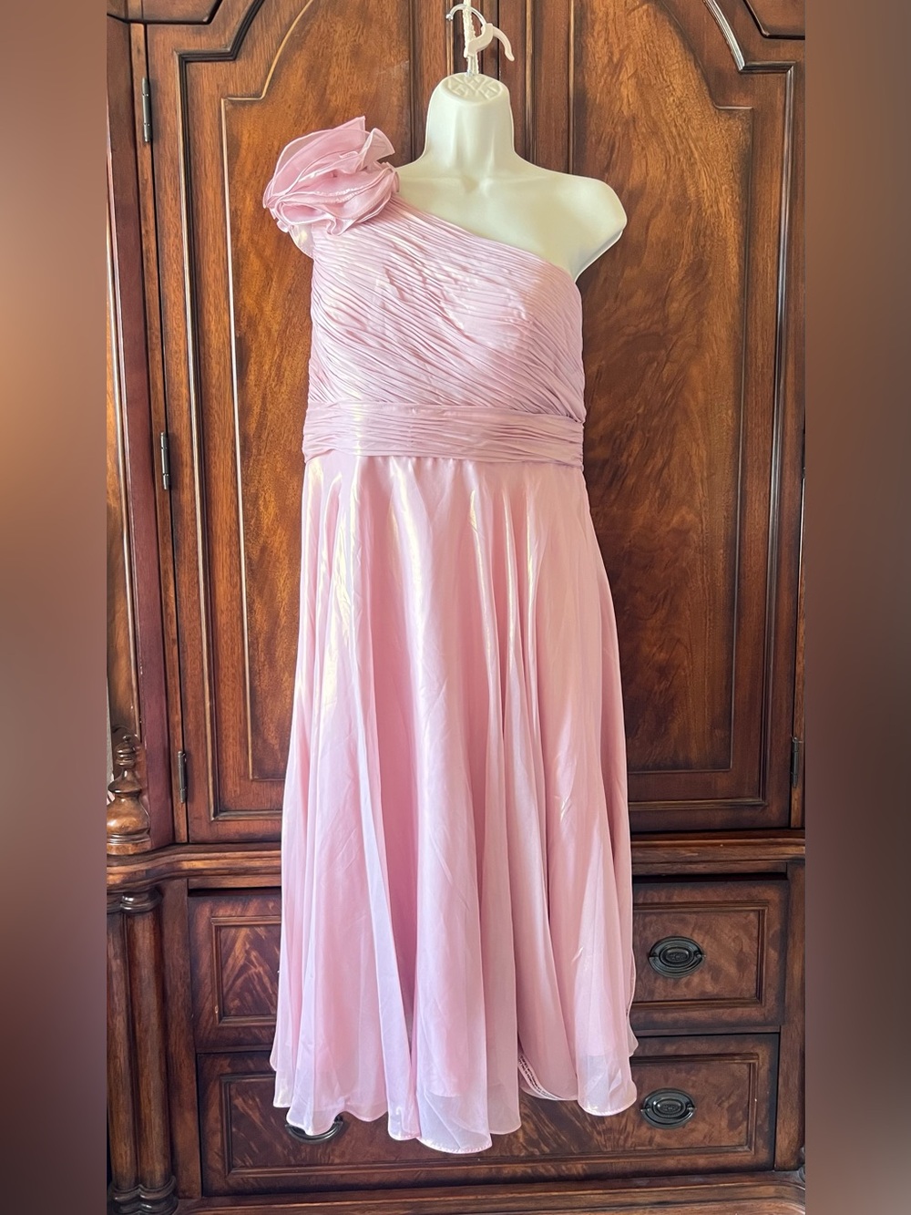 Mac Duggal One-Shoulder Pink Chiffon Midi Dress with Floral Shoulder Detail *NWT